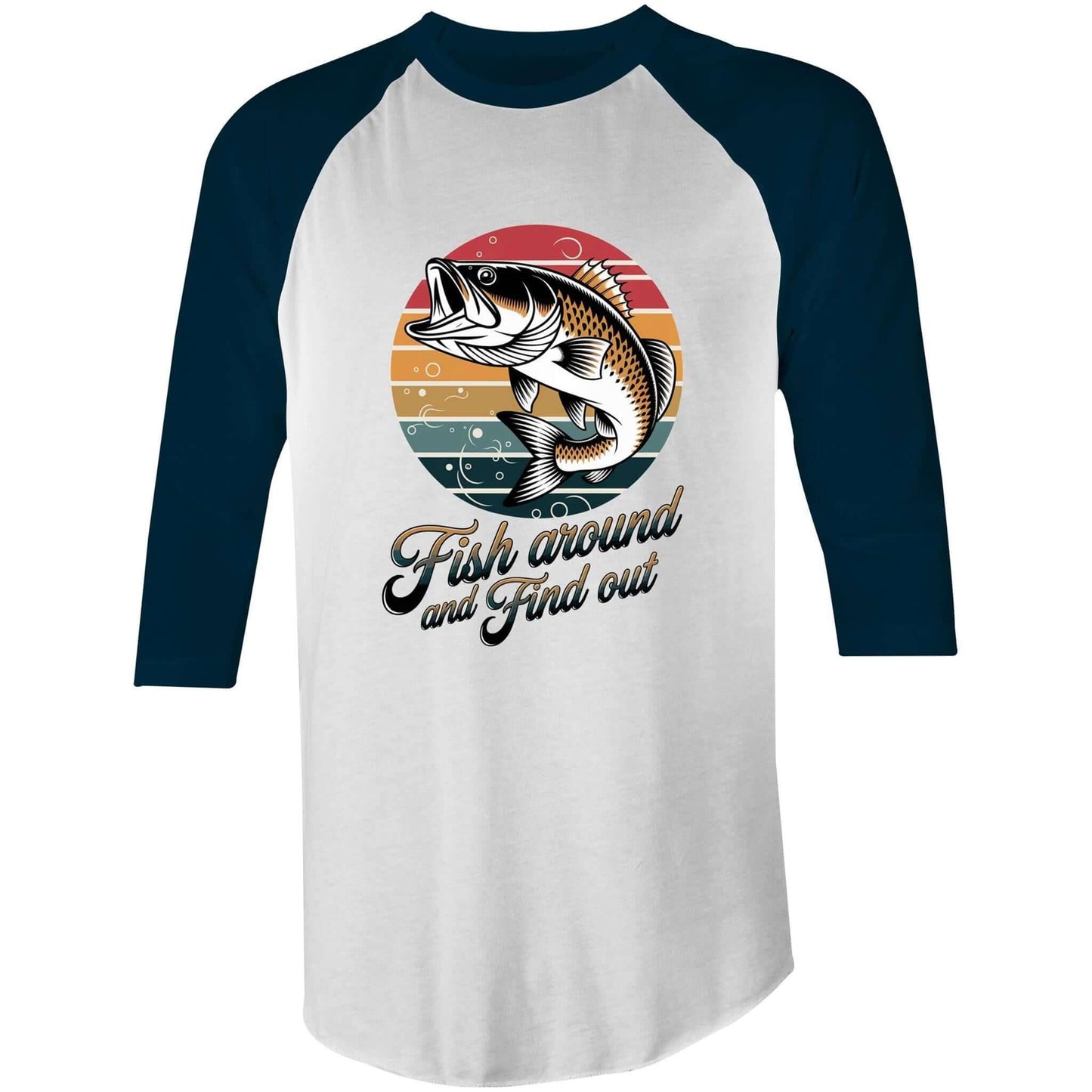 AS Colour 3/4 sleeve funny fishing shirt with retro sunset design and 'Fish around and Find out' quote.