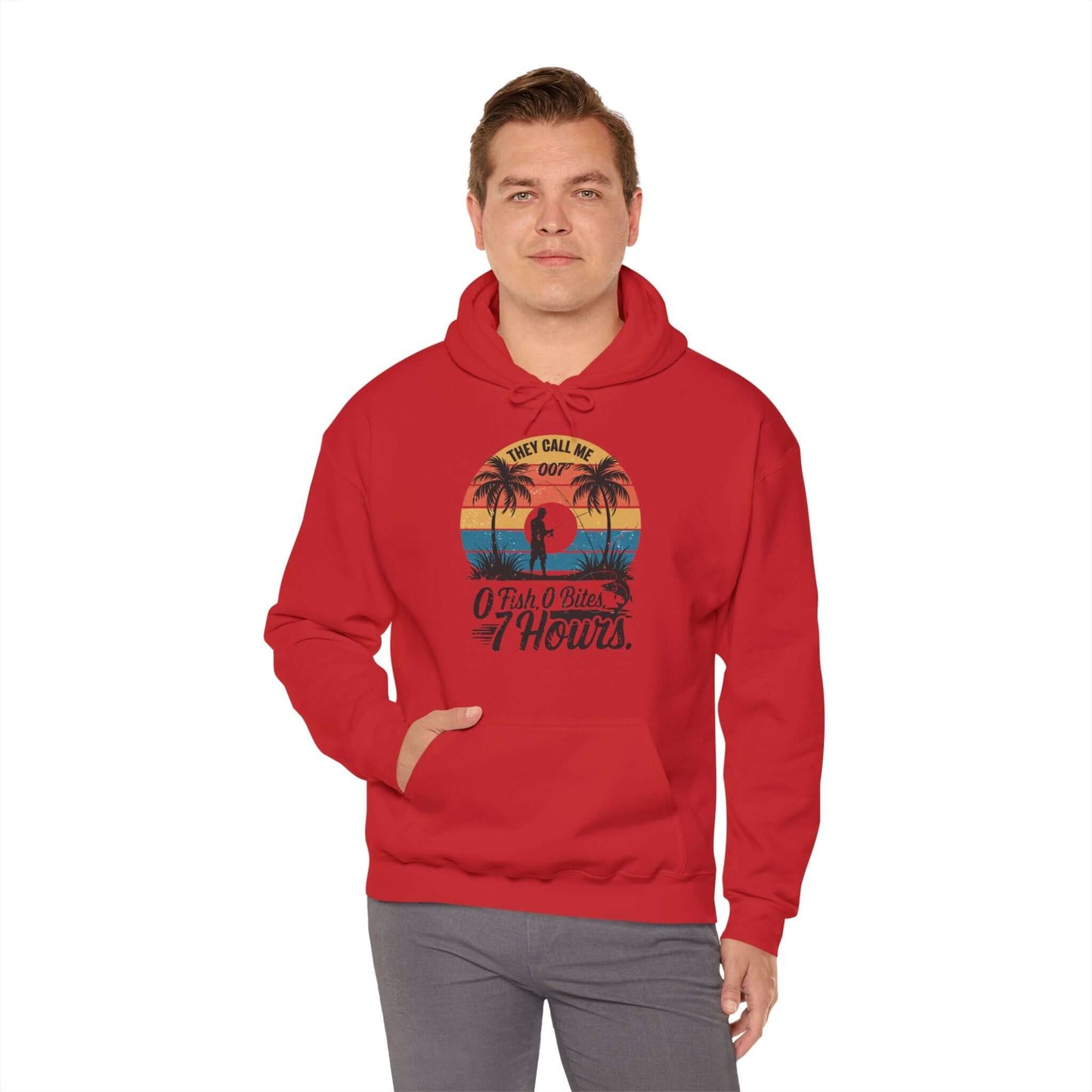 Retro funny fishing quote hoodie with palm trees, featuring 'They call me 007 0 Fish, 0 Bites, 7 Hours'.