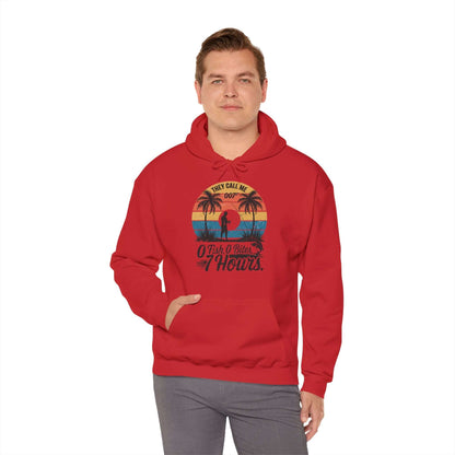 Retro funny fishing quote hoodie with palm trees, featuring 'They call me 007 0 Fish, 0 Bites, 7 Hours'.