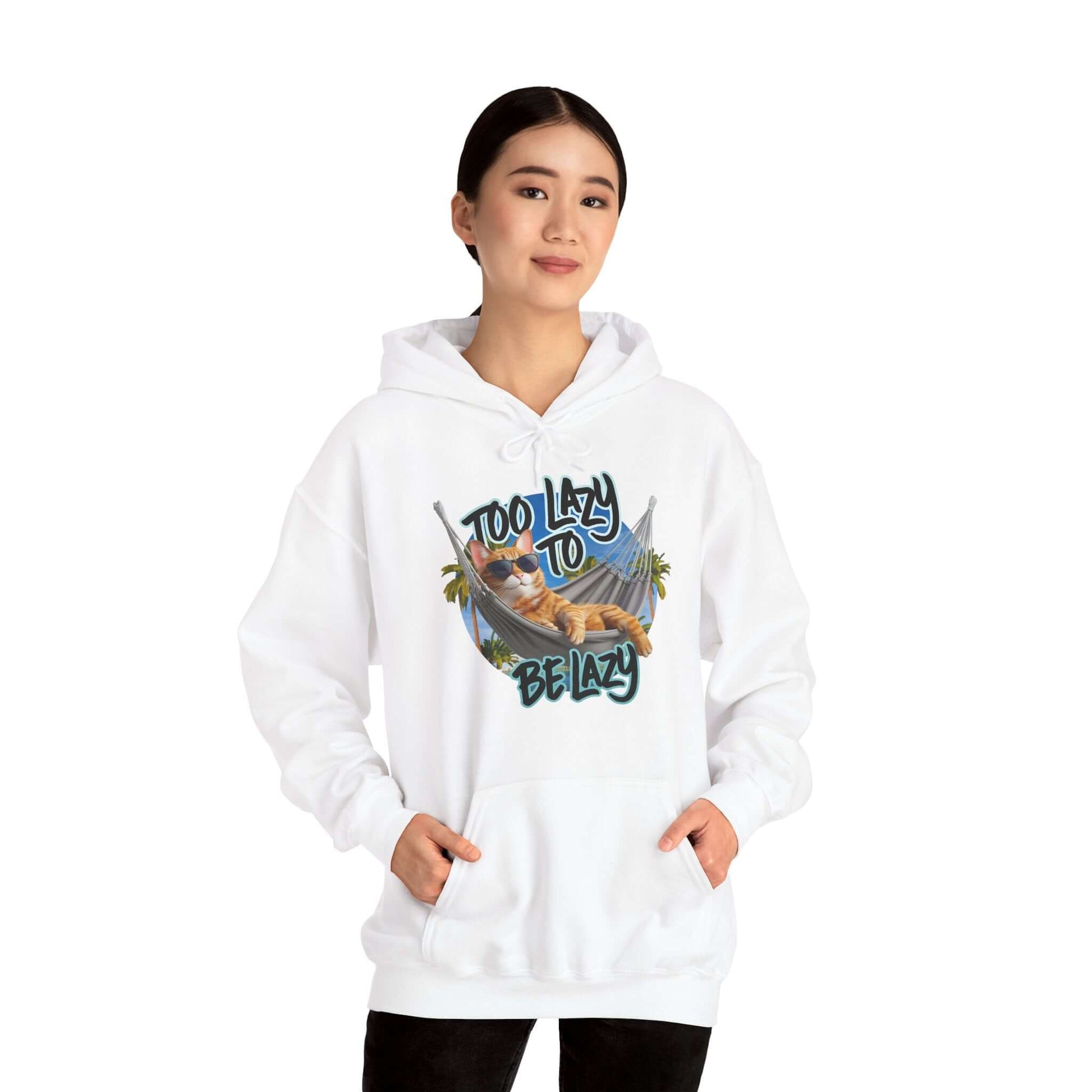 Hoodie featuring a lazy cat at the beach with the phrase 'Too Lazy to be Lazy', perfect for summer vibes.