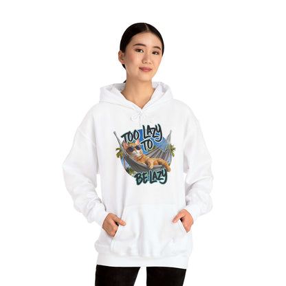 Hoodie featuring a lazy cat at the beach with the phrase 'Too Lazy to be Lazy', perfect for summer vibes.