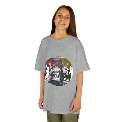 Gray kids T-shirt featuring a DJ chibi boy playing decks, perfect for young music lovers and party enthusiasts.