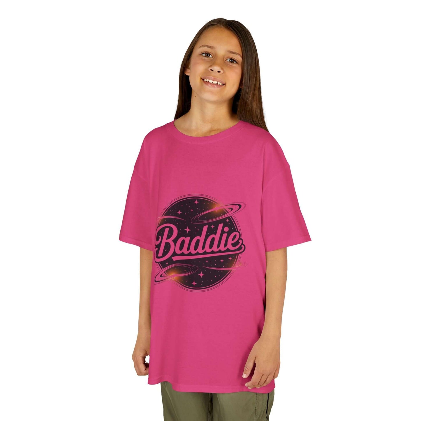 Kids pink tee featuring retro 'Baddie' universe design for trendy style and cool everyday wear.