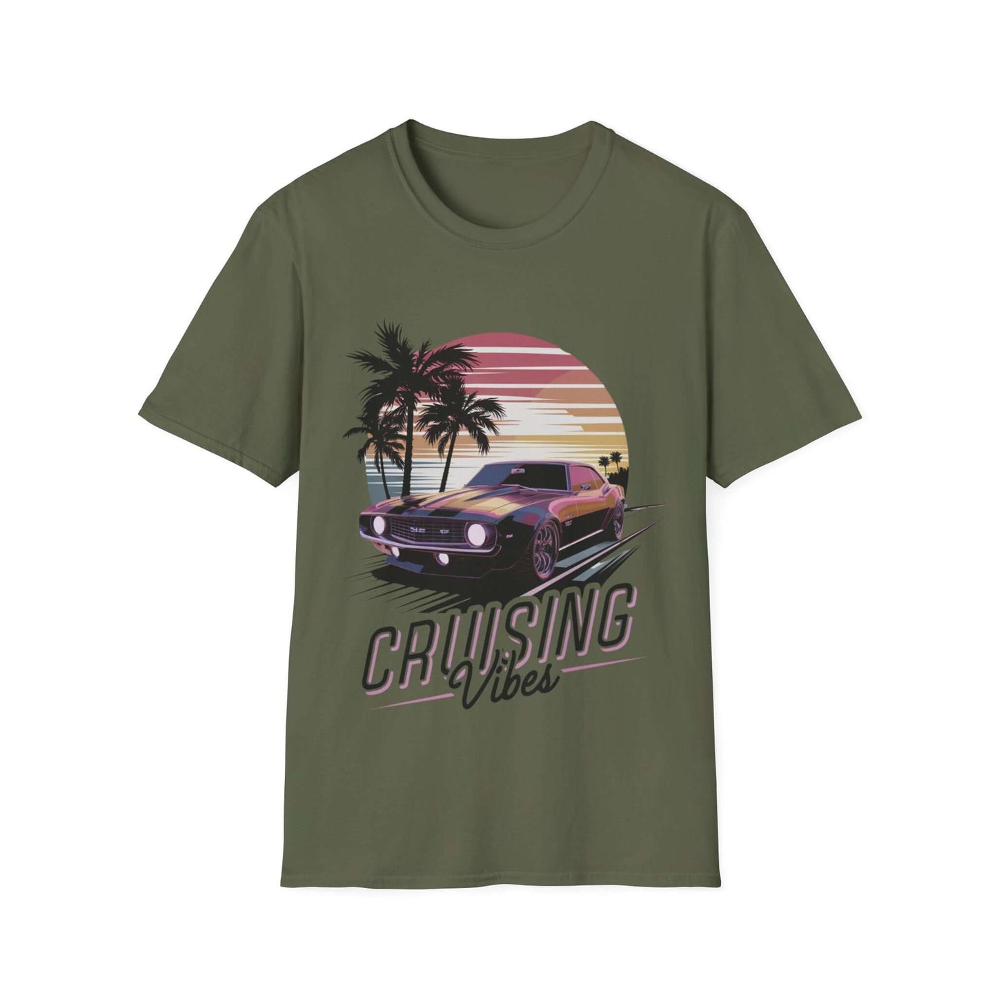 Vintage muscle car sunset T-shirt in olive green with 'Cruising Vibes' text and tropical palm design. Classic car tee for retro lovers.