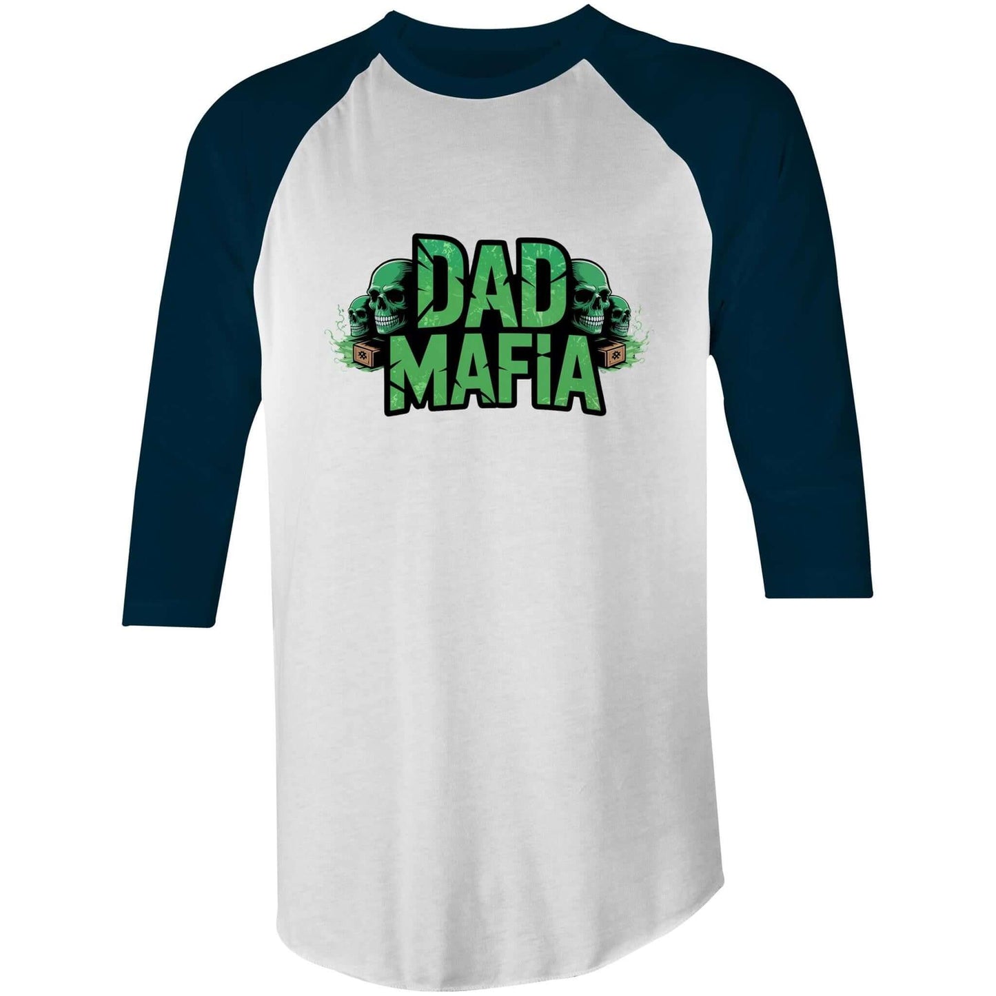 DAD MAFIA unisex 3/4 sleeve T-Shirt featuring distressed black lettering and neon green skull accents, perfect for casual occasions.