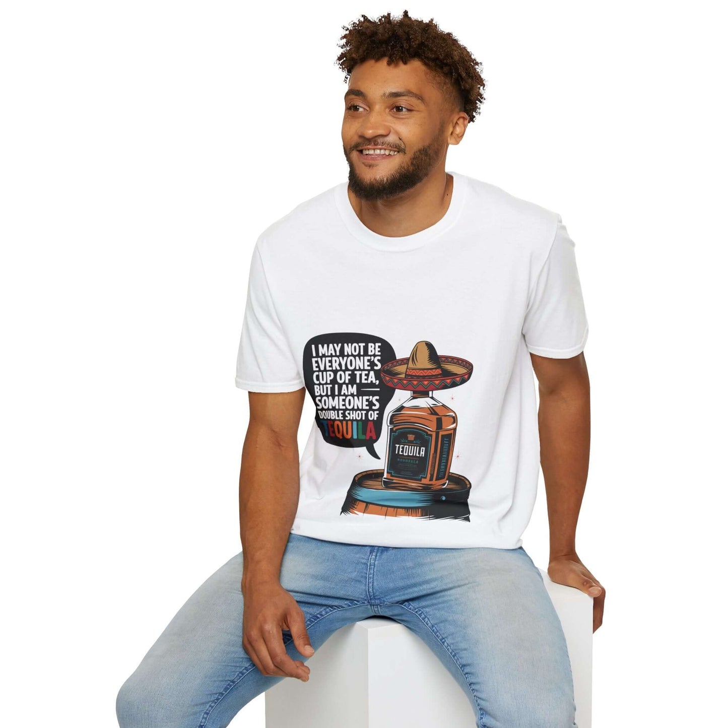 Funny T-Shirt with tequila bottle wearing a sombrero and humorous quote, perfect for parties and casual outings.