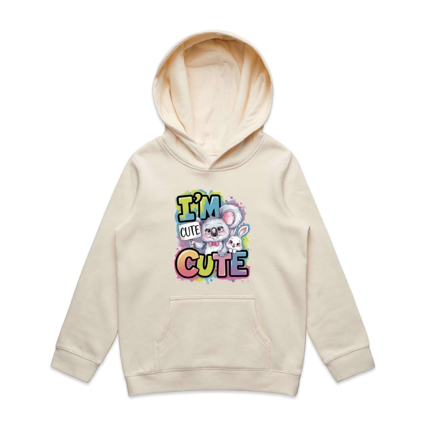 AS Colour kid's hoodie with cute koala and bunny design featuring "I'm Cute" text, colorful and playful for baby fashion.