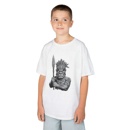 Kids Tee featuring a black and white Tiki character design with spear, perfect for fun and unique kids' fashion.