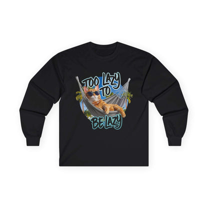 Black long sleeve shirt with lazy cat at the beach design and text 'Too Lazy to be Lazy', perfect for summer vibes and cat lovers.