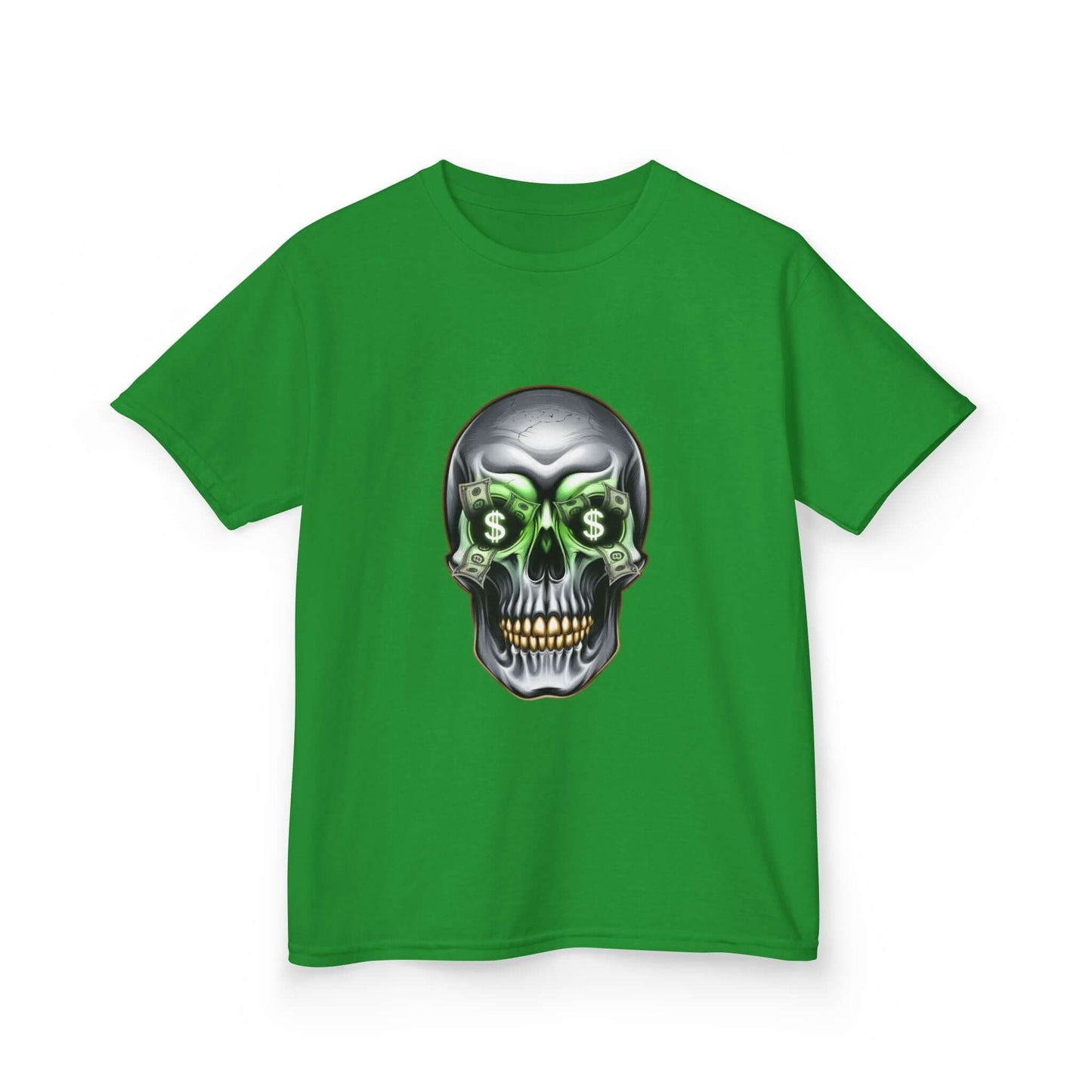 Cool green money skull kid's Tee with dollar bills in eye sockets and edgy design for streetwear fashion.