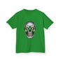 Cool green money skull kid's Tee with dollar bills in eye sockets and edgy design for streetwear fashion.