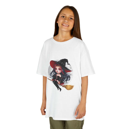Kids tee featuring chibi style witch on broom against full moon, perfect for Halloween and playful everyday wear.