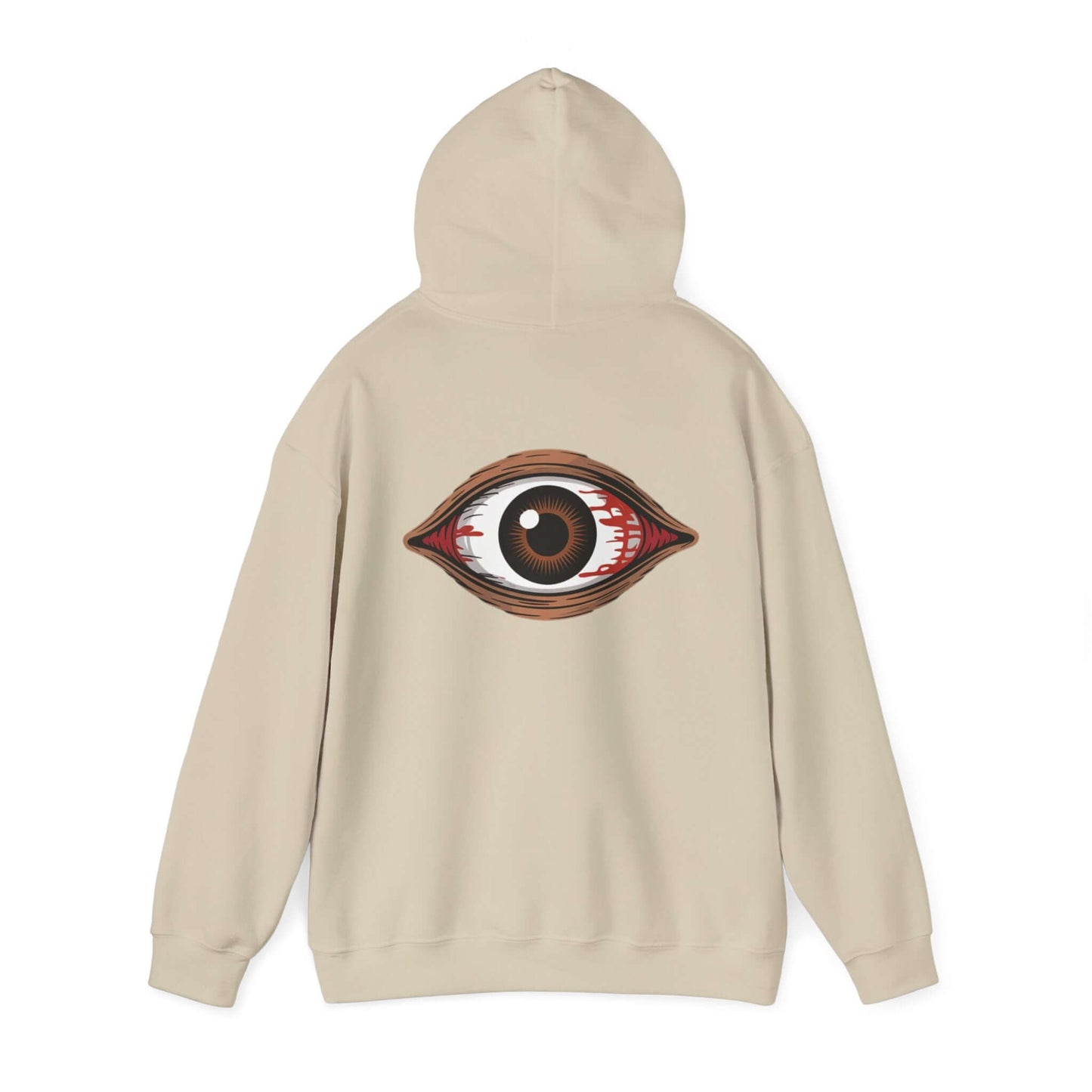 Back view of a beige hoodie featuring a spooky bloody brown eye design, perfect for music festivals and Halloween.
