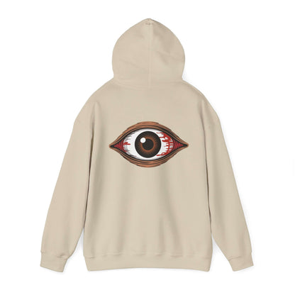 Back view of a beige hoodie featuring a spooky bloody brown eye design, perfect for music festivals and Halloween.