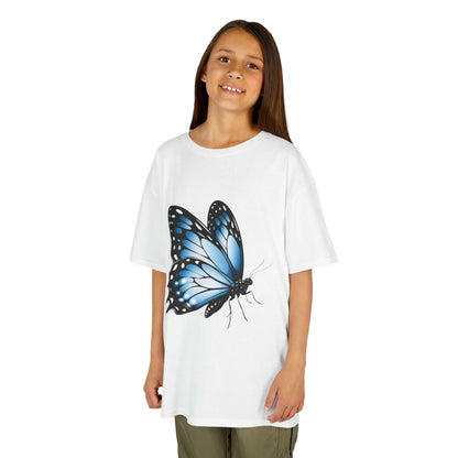Kid's T-shirt featuring a beautiful blue butterfly design, perfect for nature and animal lovers.