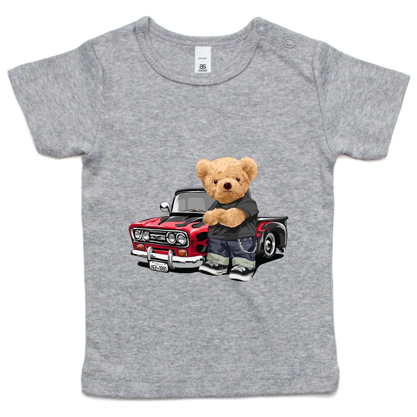 Infant grey tee featuring a cute teddy bear with a vintage pickup truck design, perfect for car lovers.