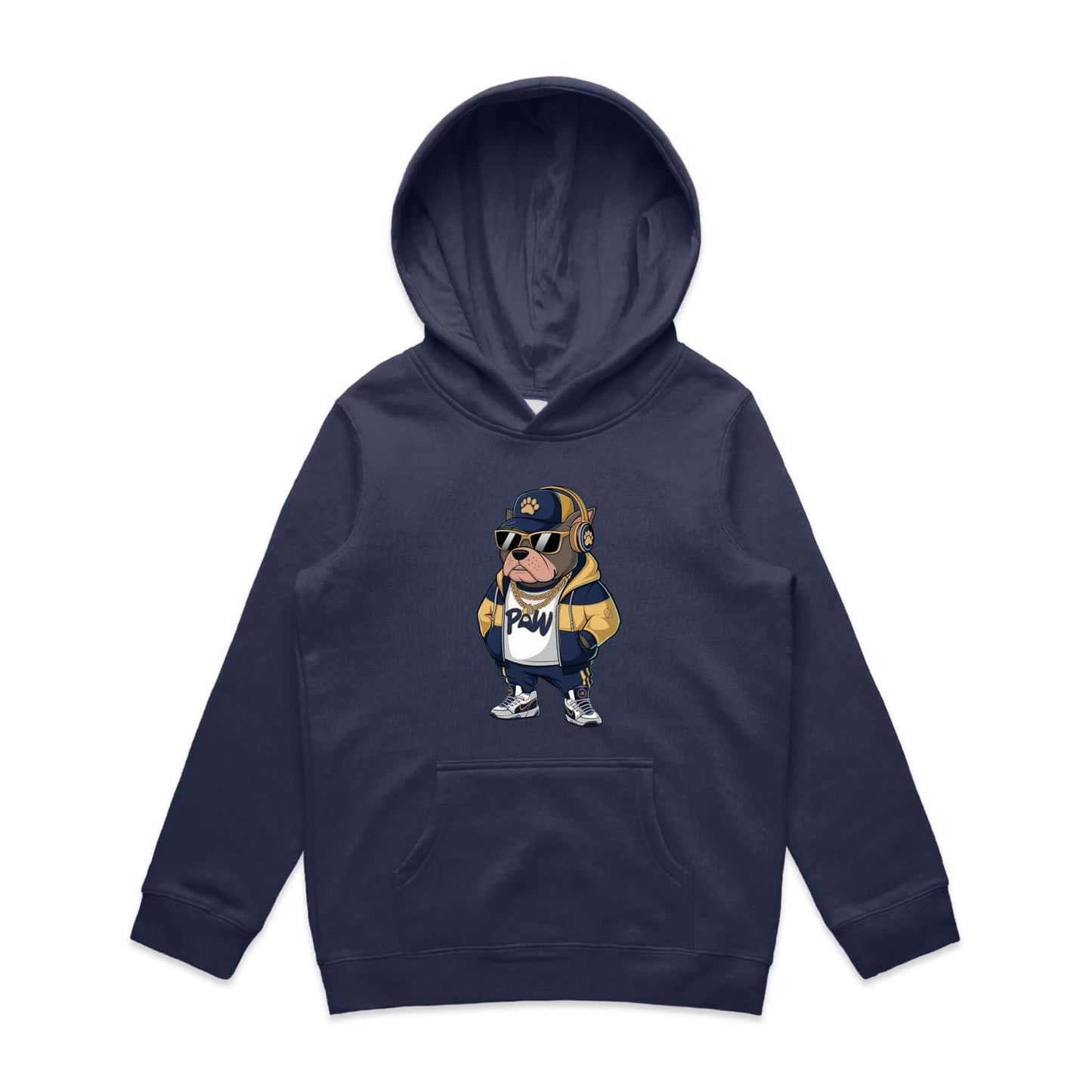 Kid's AS Colour hoodie featuring a gangster Pit Bull Dog in a hoodie, headphones, gold chains and sunglasses.