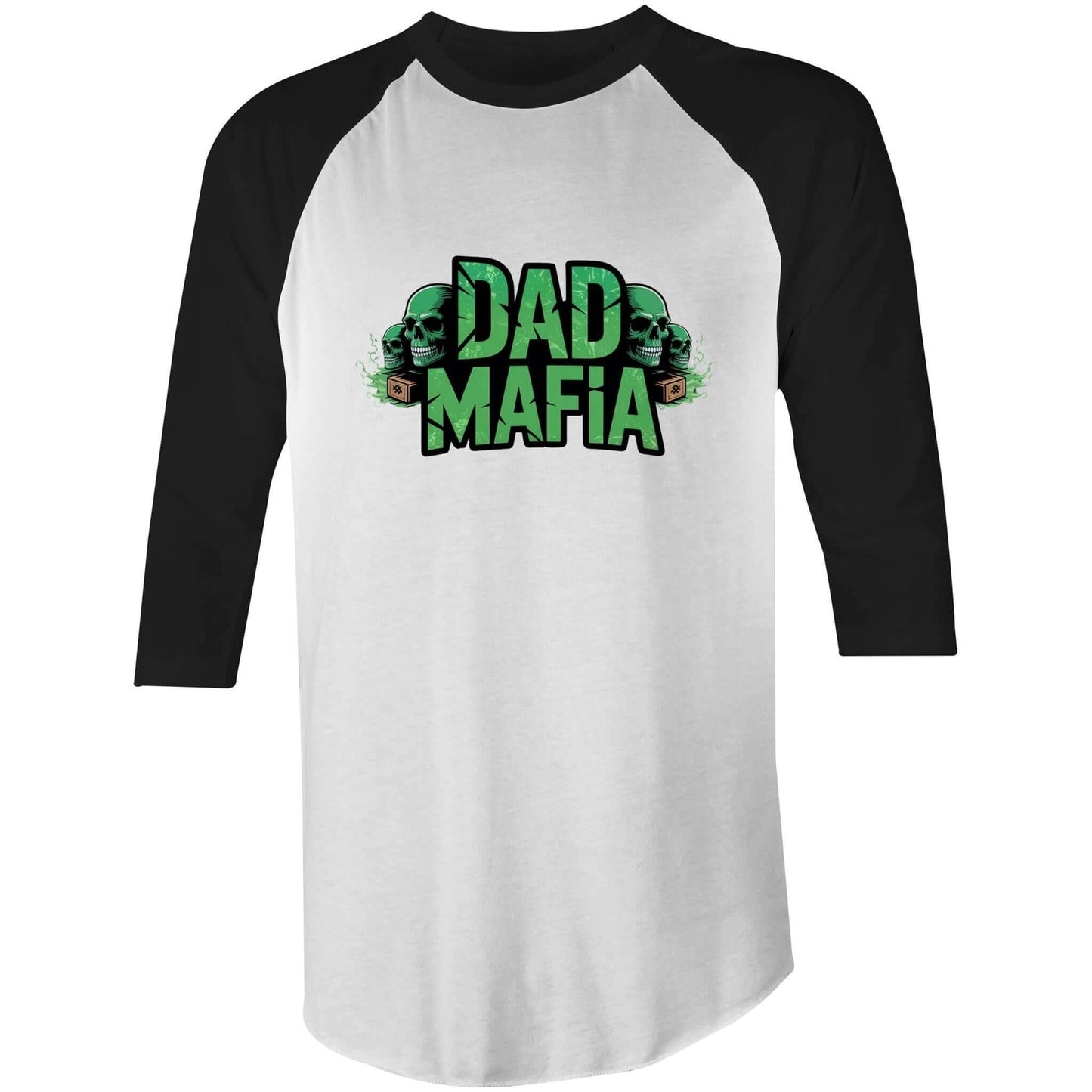 Unisex 'DAD MAFIA' 3/4 sleeve T-shirt featuring neon green accents and skull graphics, perfect for making a bold statement.