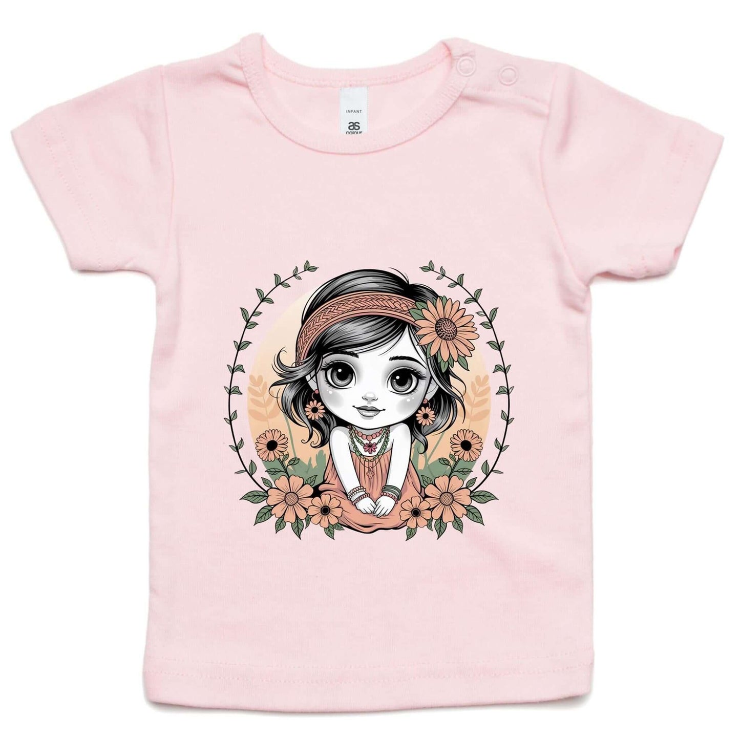 Cute chibi girl surrounded by flowers on a pink infant tee shirt, perfect for kids who love whimsical designs.