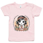 Cute chibi girl surrounded by flowers on a pink infant tee shirt, perfect for kids who love whimsical designs.