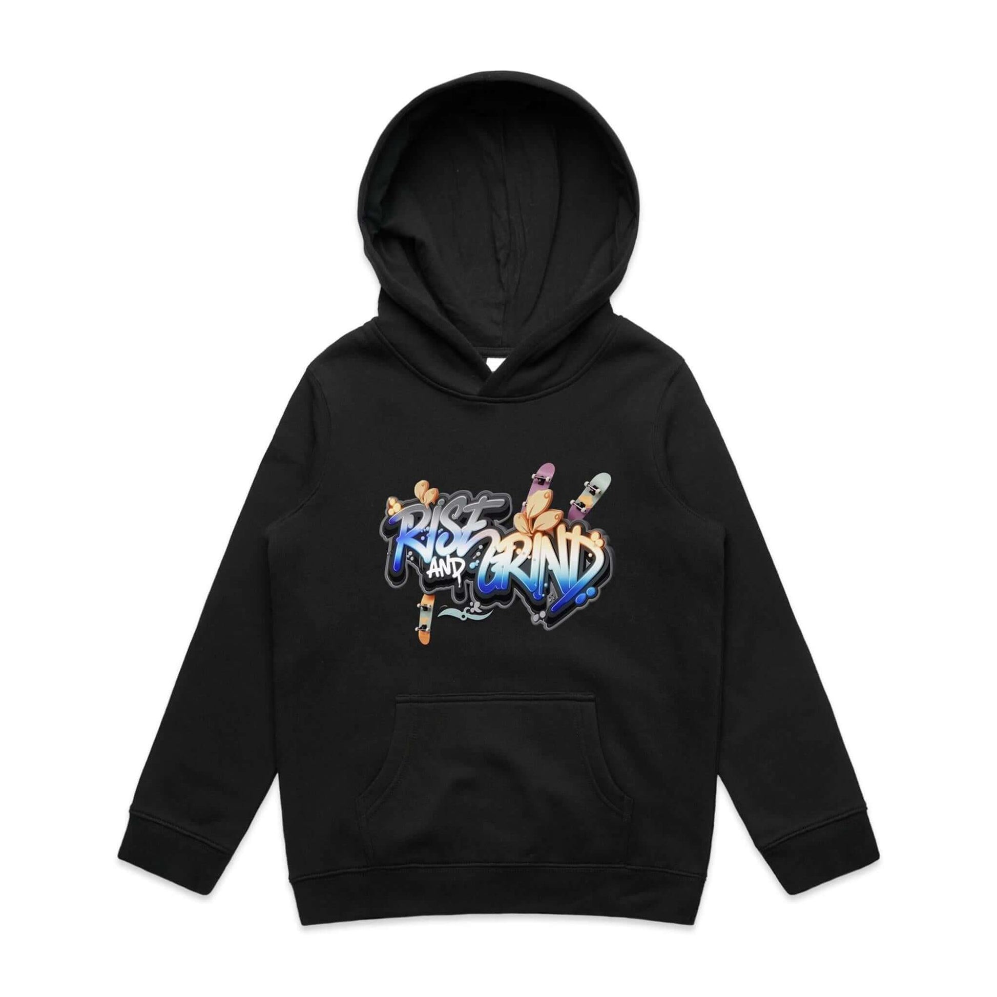 Kid's unisex hoodie featuring graffiti skater design 'Rise and Grind' with skateboards and coffee leaves, ideal for urban streetwear.