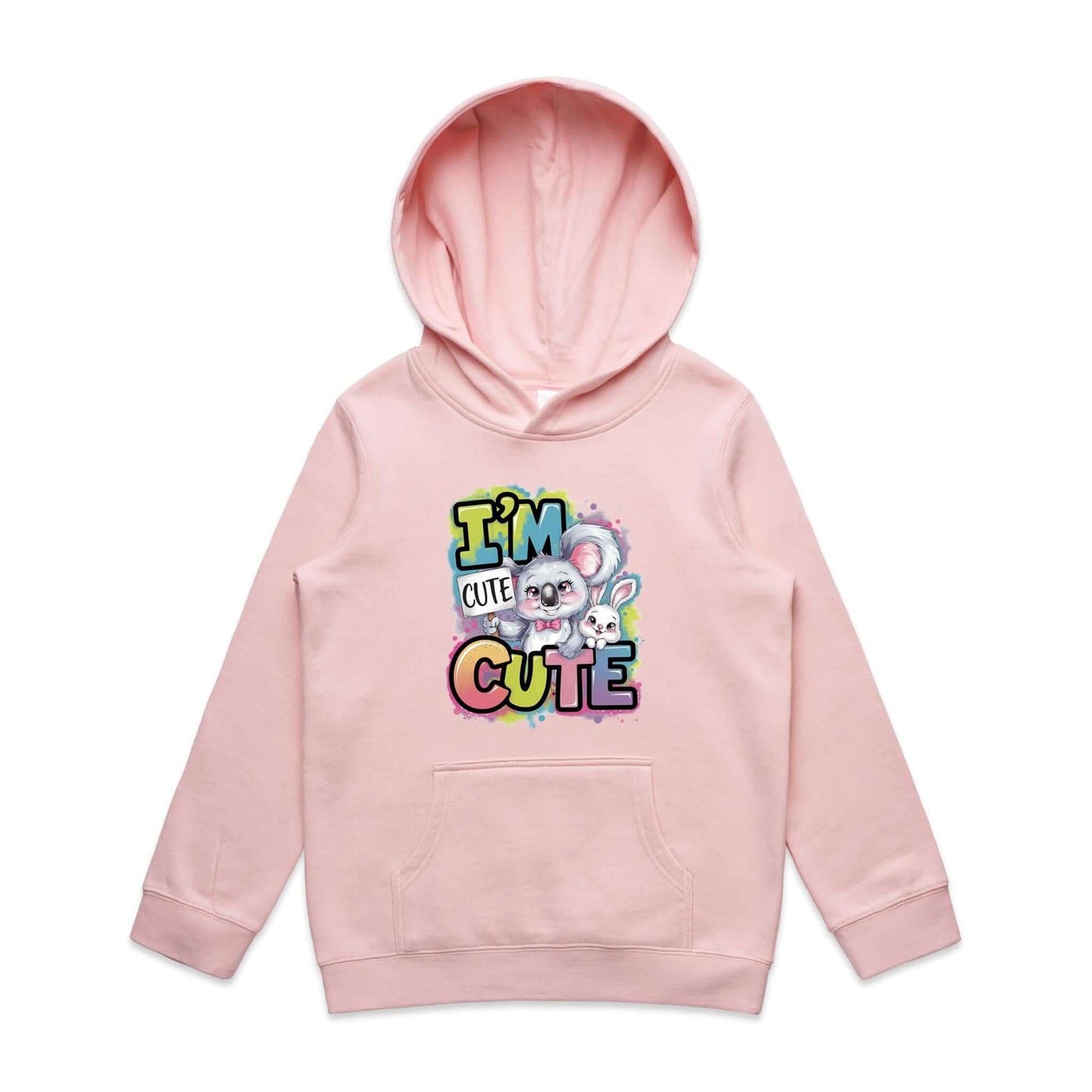 AS Colour kid's hoodie with cute koala and bunny design featuring colorful "I'm Cute" text.