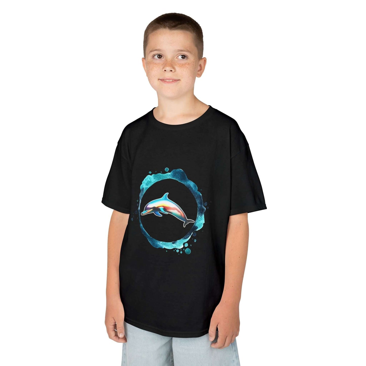 Black kid's Tee featuring a dolphin jumping through a colorful water ring, perfect for animal lovers.