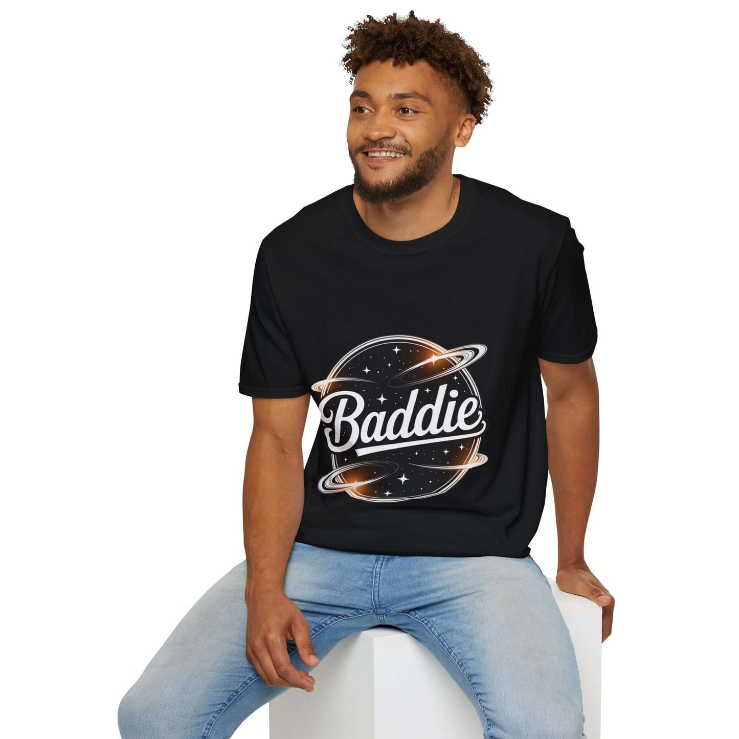 Unisex soft-style black T-shirt featuring a retro 'Baddie' universe design, perfect for trendy casual wear.