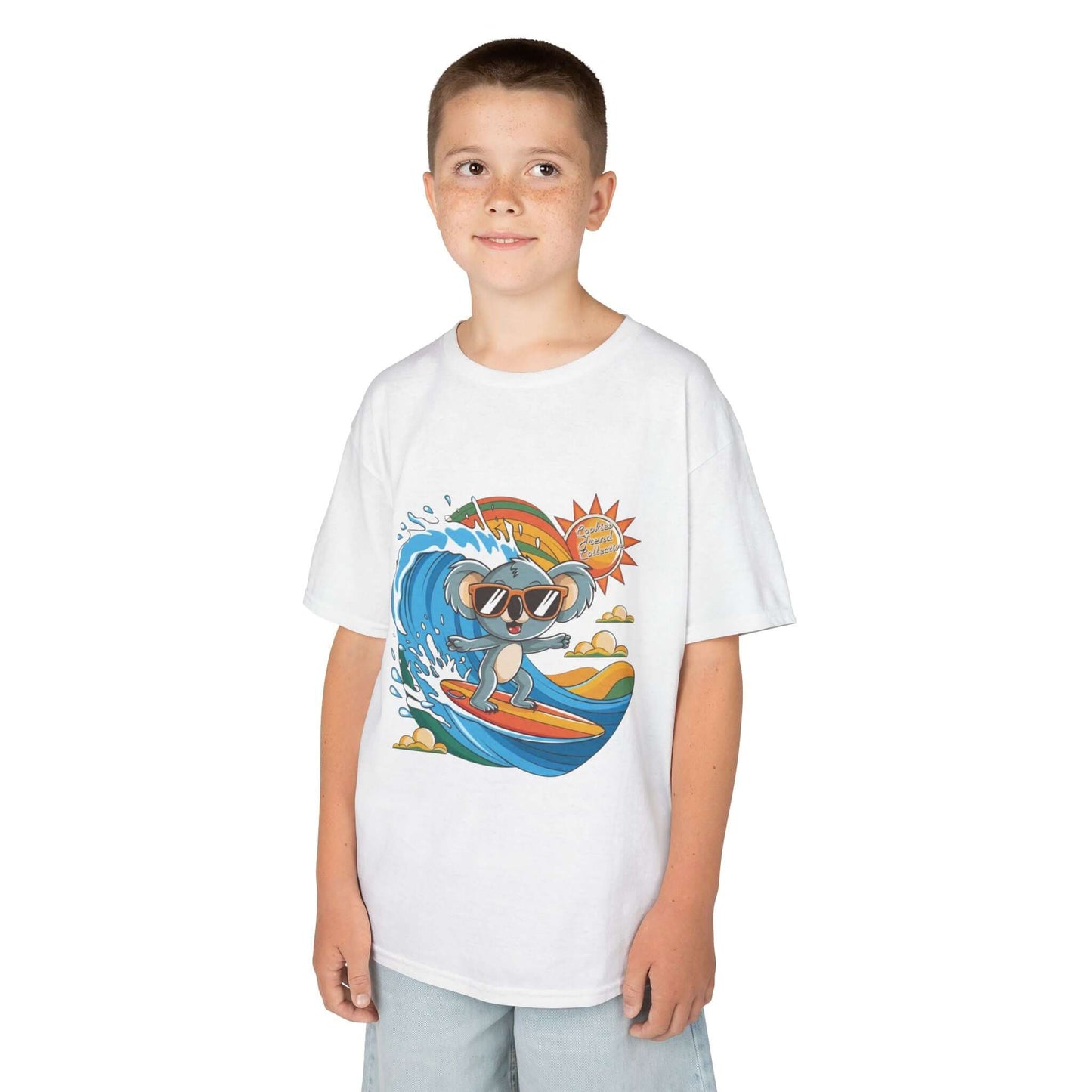 Cute kid's tee with a cool surfing koala riding a wave, perfect for beach lovers and animal lovers.