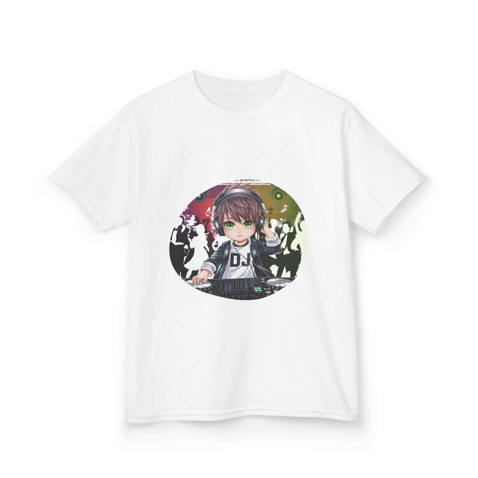 Kids T-Shirt featuring a DJ chibi boy playing decks at a colorful party, perfect for music lovers and party-goers.