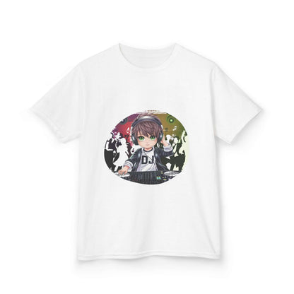 Kids T-Shirt featuring a DJ chibi boy playing decks at a colorful party, perfect for music lovers and party-goers.