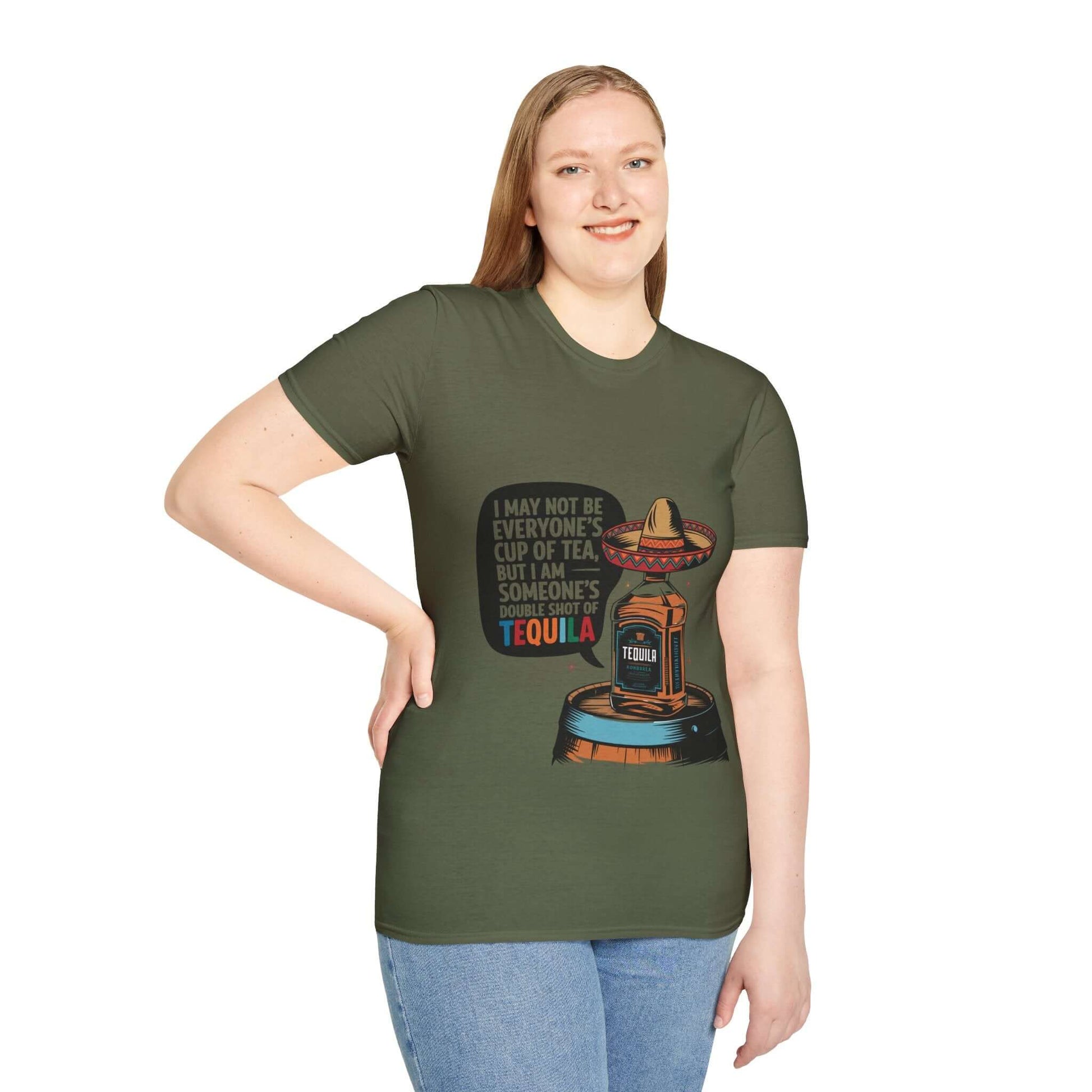 Funny unisex T-shirt featuring a tequila bottle with sombrero and humorous quote, great for parties and casual outings.