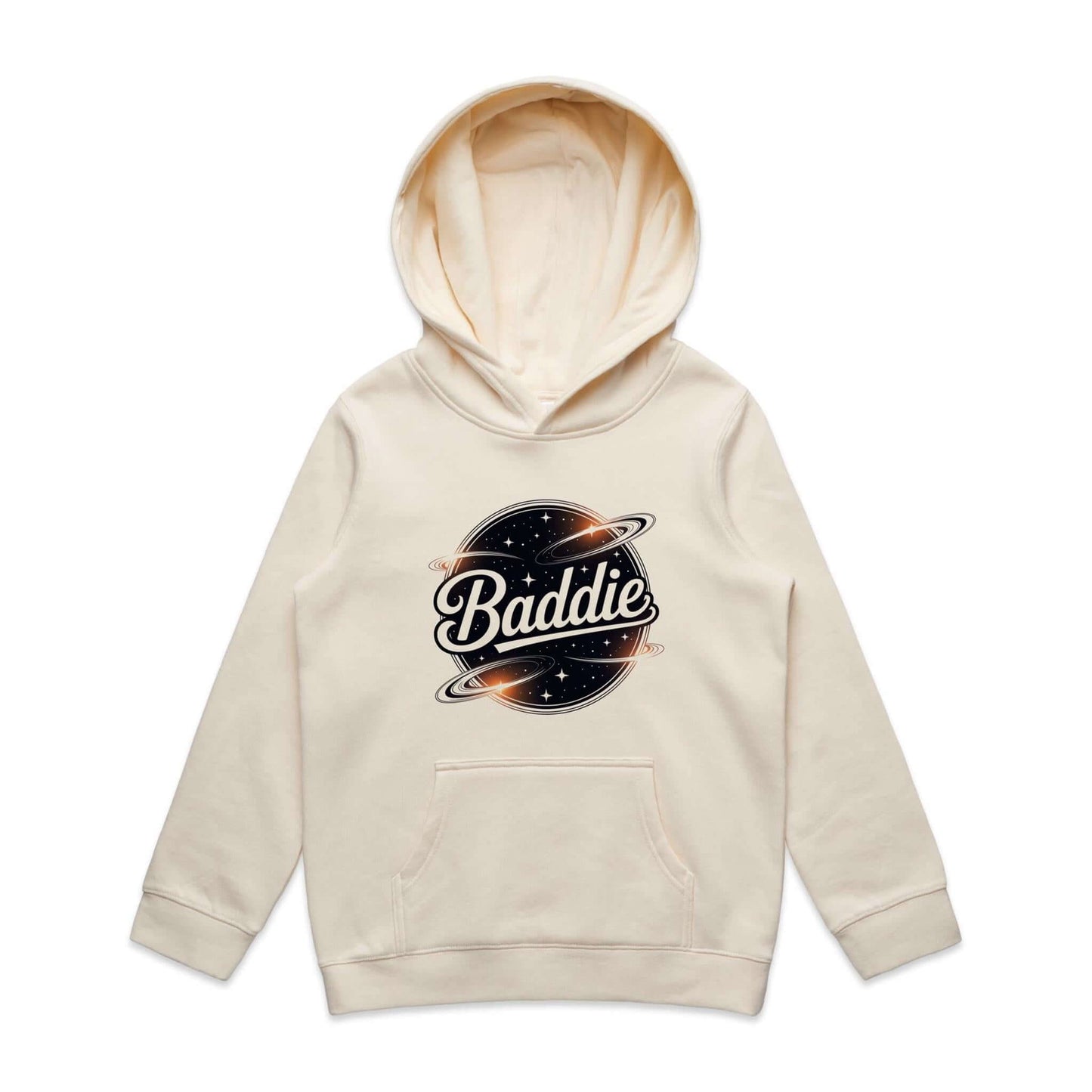 Kid's hooded jumper featuring 'Baddie' universe design with retro vibe, perfect for trendy casual wear.