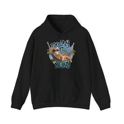 Black hoodie featuring lazy cat at beach design and text 'Too Lazy to be Lazy', perfect for summer fun.