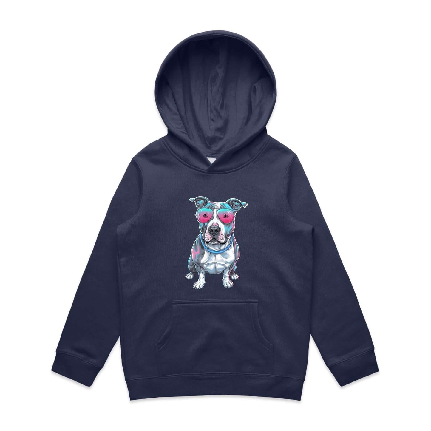 AS Colour kid's hoodie featuring retro synth wave style Pit Bull design with pink sunglasses, perfect for animal lovers