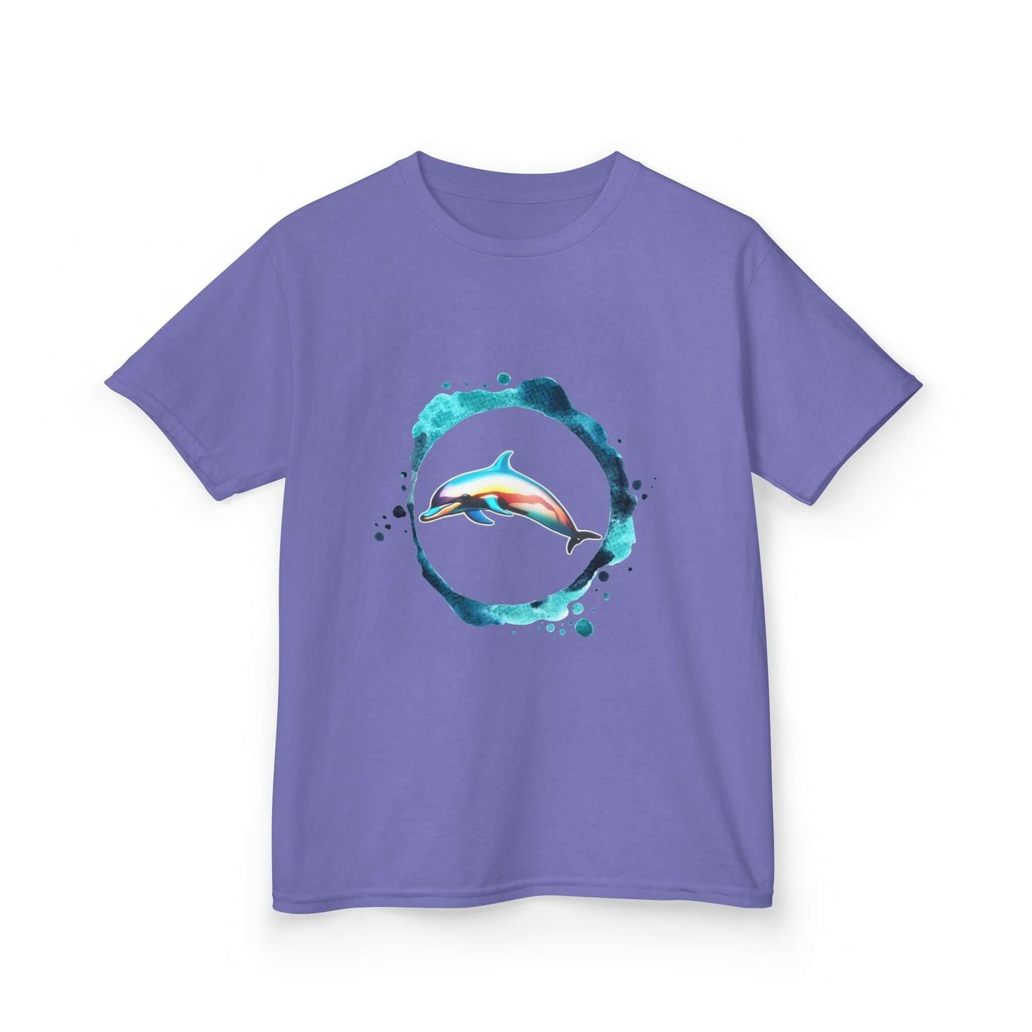 Kid's T-shirt with a dolphin jumping through a colorful water ring, perfect for animal lovers.