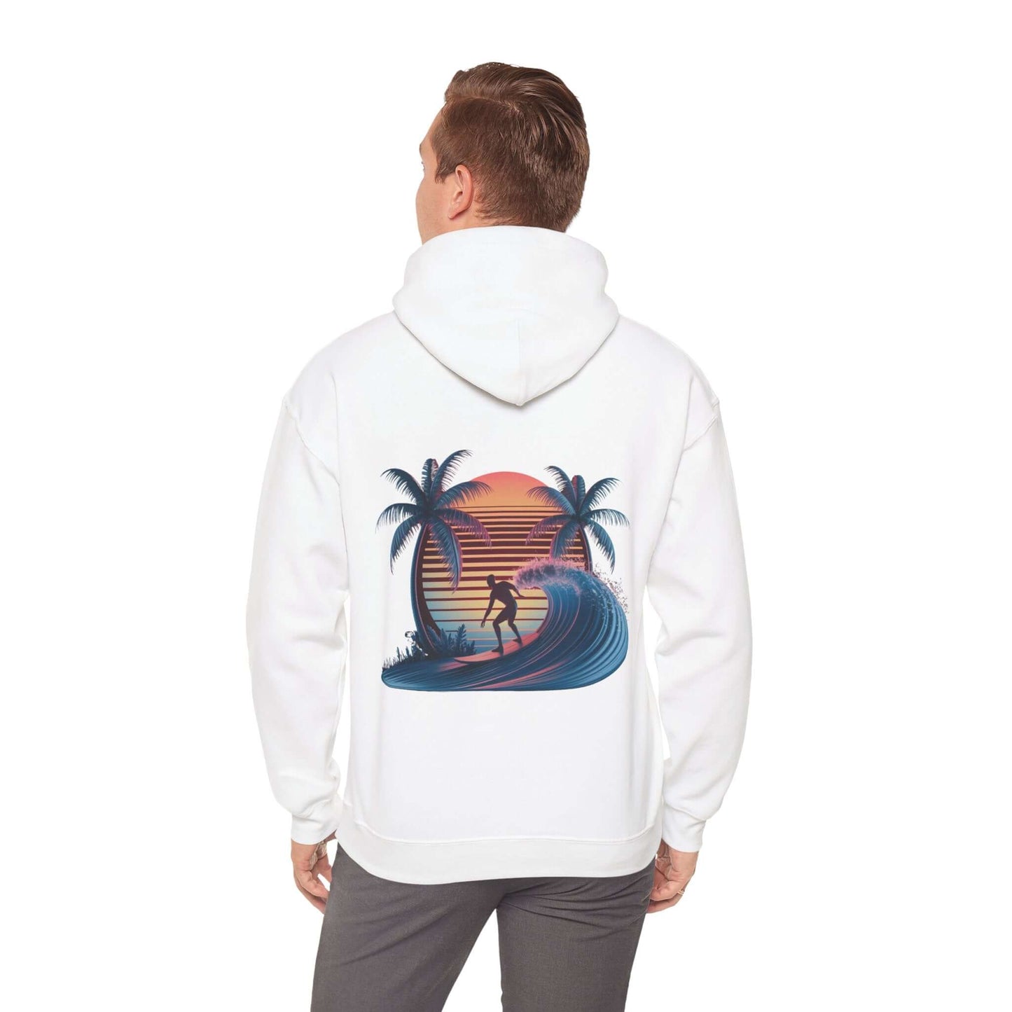 Hooded jumper with sunset surfer illustration, palm trees, and synth-wave effect on the back, perfect for beach culture.