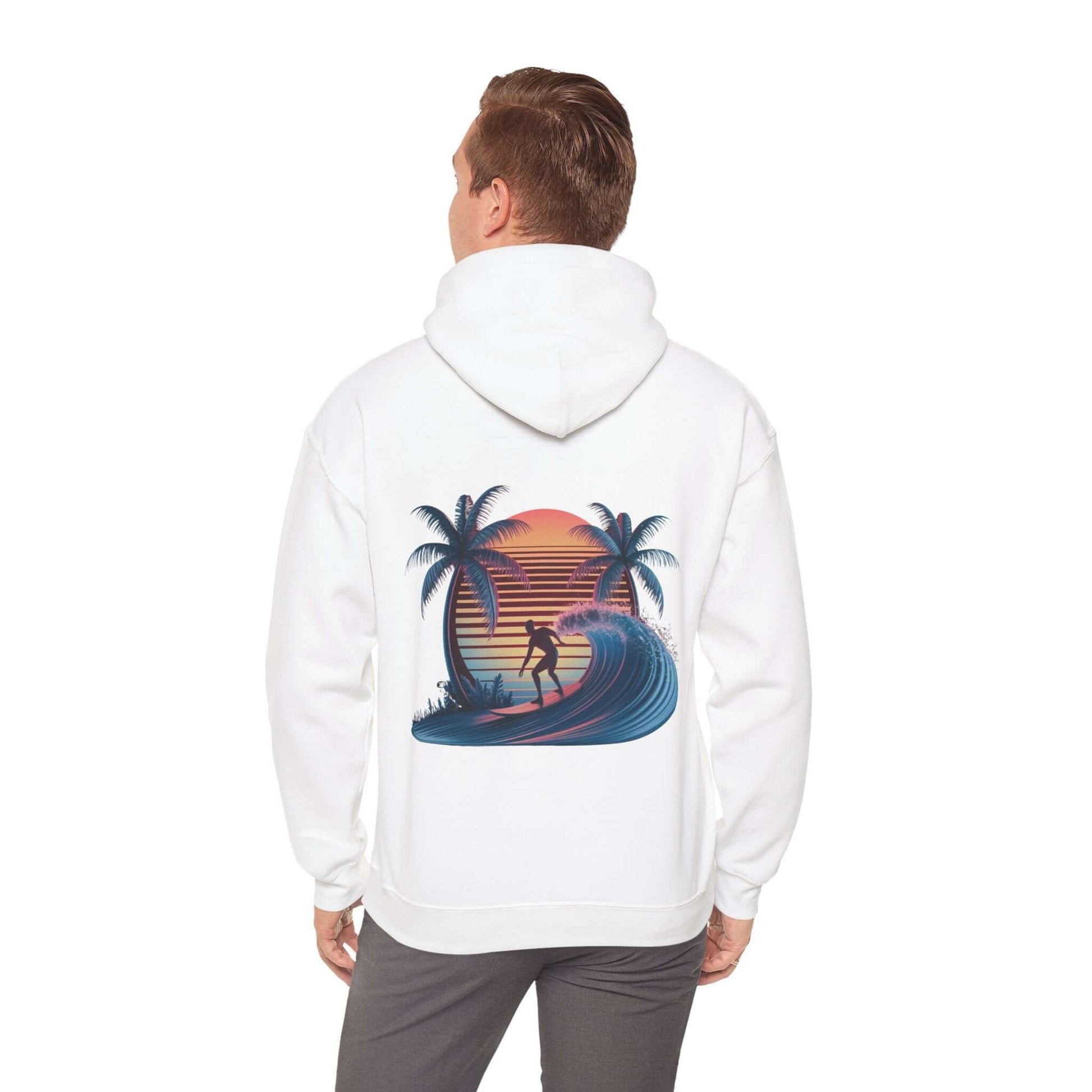 Hooded jumper with sunset surfer illustration, palm trees, and synth-wave effect on the back, perfect for beach culture.