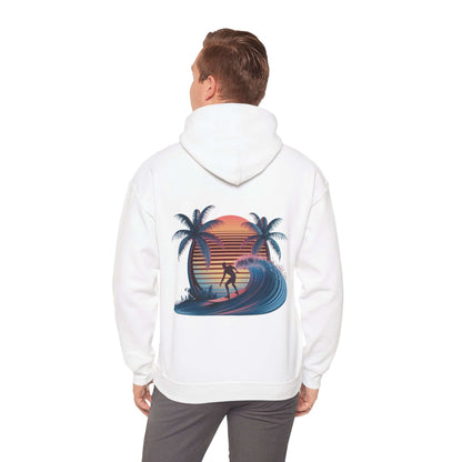 Hooded jumper with sunset surfer illustration, palm trees, and synth-wave effect on the back, perfect for beach culture.