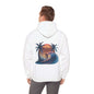 Hooded jumper with sunset surfer illustration, palm trees, and synth-wave effect on the back, perfect for beach culture.