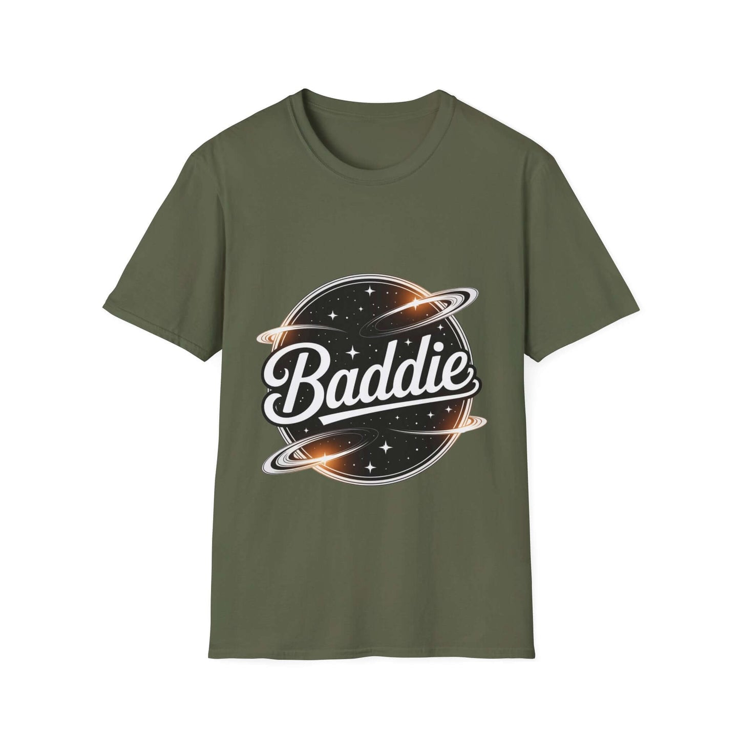 Unisex soft-style T-shirt featuring retro Baddie universe design with planets and stars in trendy olive green.