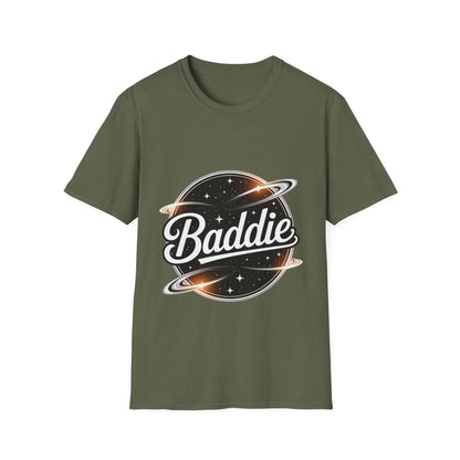 Unisex soft-style T-shirt featuring retro Baddie universe design with planets and stars in trendy olive green.