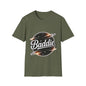 Unisex soft-style T-shirt featuring retro Baddie universe design with planets and stars in trendy olive green.
