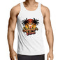 Men's summer vibes singlet top with tropical sunset, palm trees, and a colorful drink design.