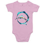 AS Colour baby onesie with a dolphin jumping through a colorful water ring, perfect for animal lovers.