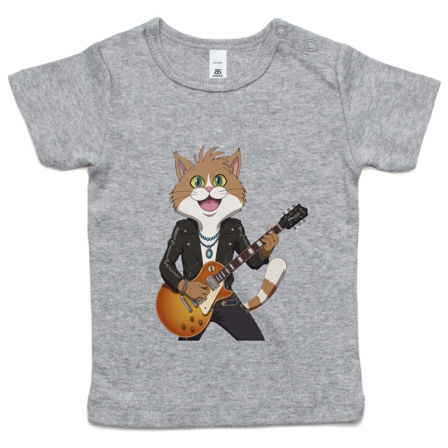 AS Colour Infant T-shirt with Rock and Roll Cat Playing Guitar design for toddlers, perfect for music and cat lovers.