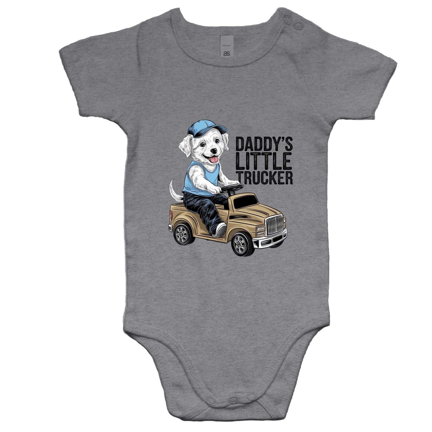 Baby onesie featuring cute puppy riding a ride on truck with text 'Daddy's Little Trucker', perfect for dog lovers.