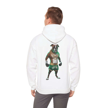 Hooded sweatshirt featuring a boxer dog dressed as a Muay Thai fighter with gold chains on the back.
