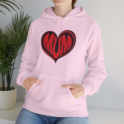 Pink hoodie with 'MUM' in red heart design, perfect for Mother's Day and cozy casual wear.