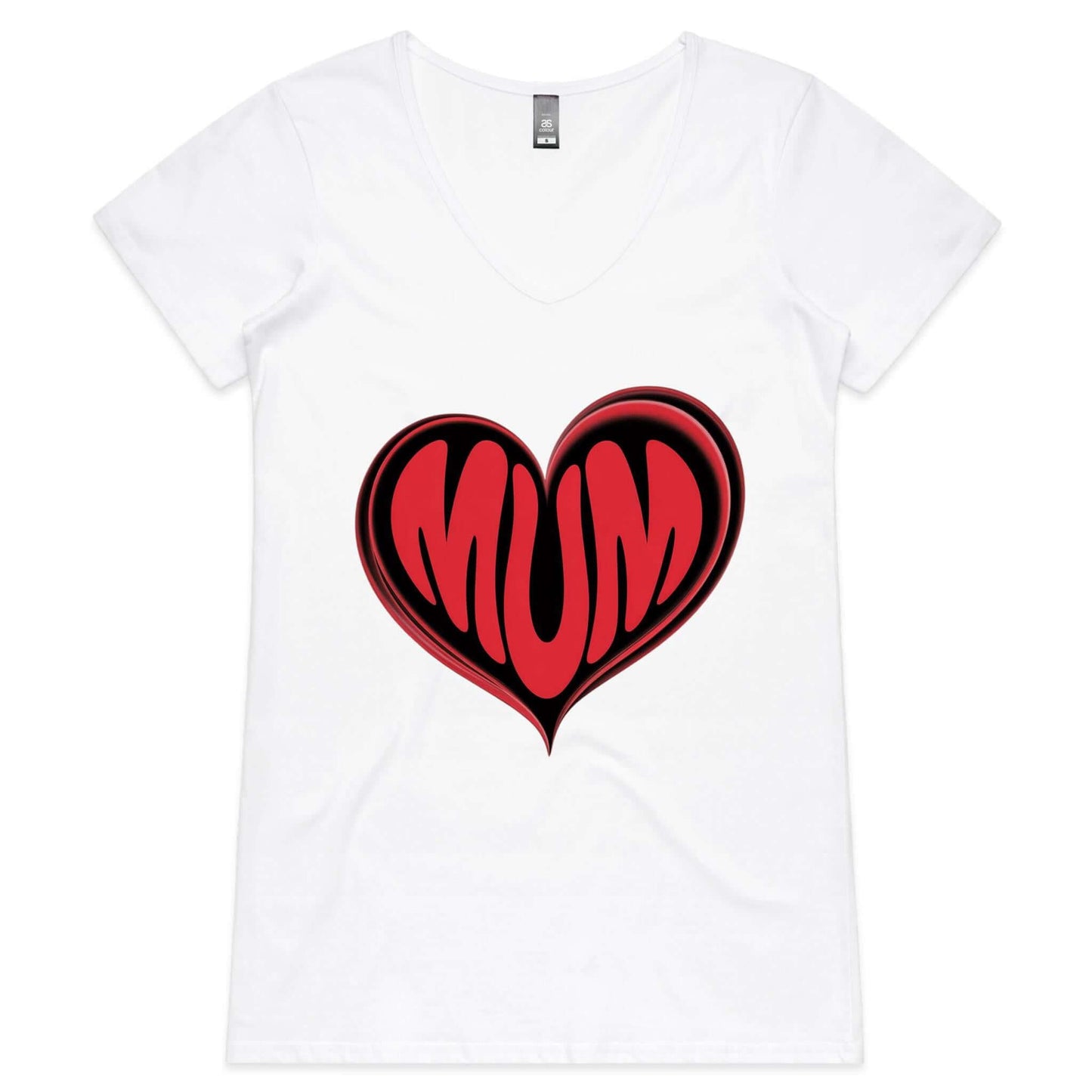White women's V-Neck t-shirt featuring red 'MUM' heart design, perfect for Mother's Day celebrations.